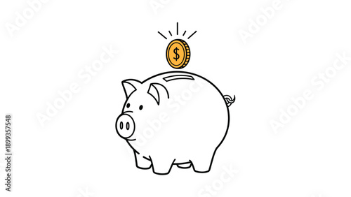Line drawing illustration of a classic piggy bank with a golden dollar coin being inserted into its top slot.