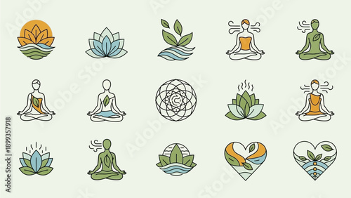 Abstract geometric icon set featuring circles, squares, stars, and decorative shapes arranged in a modern minimalist style. This versatile illustration collection is ideal for graphic design, branding