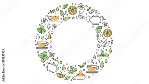 Circular frame design composed of various tea related icons such as cups, teapots, mint leaves, lemon slices, and flowers.