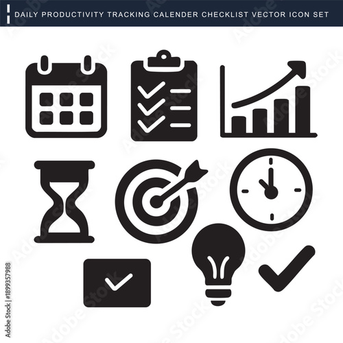 Minimalist black silhouette icons for productivity and time management
