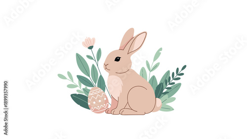 Easter bunny sitting peacefully in a garden of lush green leaves with a decorated egg by its side on a white backdrop.
