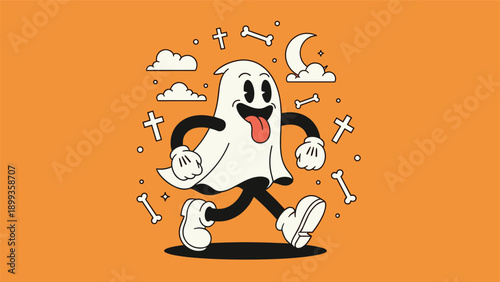 Retro style cartoon ghost with a long red tongue running through a graveyard for a fun and spooky Halloween illustration.