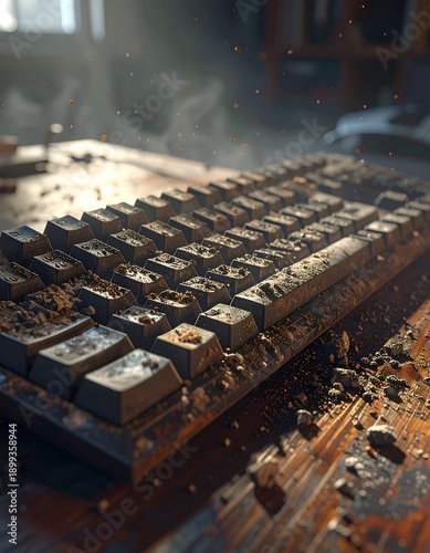 A grime-covered keyboard sits on a wooden desk with dust particles floating