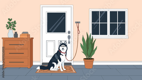 Loyal Husky dog sitting on a welcome mat in front of a house door while waiting patiently for a walk on its leash.