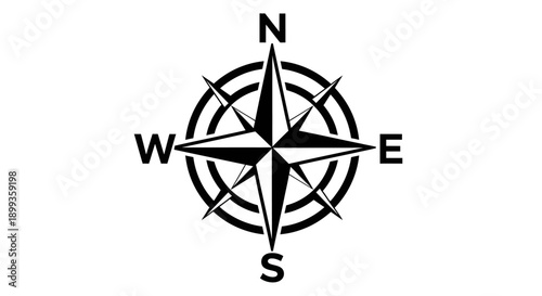 A black and white nautical compass rose vector illustration featuring a star design for world travel navigation and sea adventure direction symbols