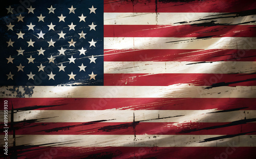 A distressed American flag with a vintage, worn look and faded colors, symbolizing patriotism and nostalgia.