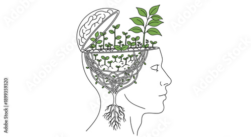 Artistic black vector silhouette of a young woman's profile featuring green floral leaves and hair design as a nature beauty symbol