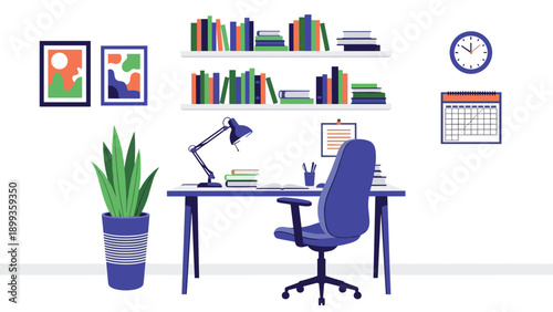 Modern home office setup with a blue desk and chair, wall shelves full of books, a calendar, and a large potted plant.