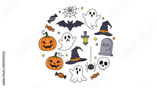 Circular arrangement of Halloween icons such as pumpkins, ghosts, bats, spider, candy, and a tombstone for festive designs.