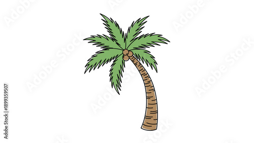 Simple illustration of a tall palm tree with a curved brown trunk and green fronds with three coconuts growing at the top section.