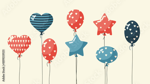 Variety of colorful floating balloons in different shapes like hearts and stars decorated with white heart and stripe patterns on light background.