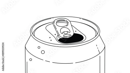 Close up black and white line drawing of the top of an open aluminum soda can with a tab and bubbles for coloring or icons.