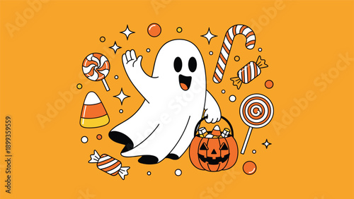 Friendly cartoon ghost waving while carrying a pumpkin bucket filled with candy surrounded by halloween treats and stars on orange background.