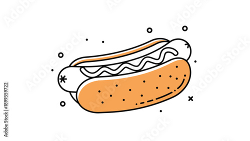 Stylized hot dog illustration with a bold orange color scheme featuring mustard and decorative dots for food branding or menu design.