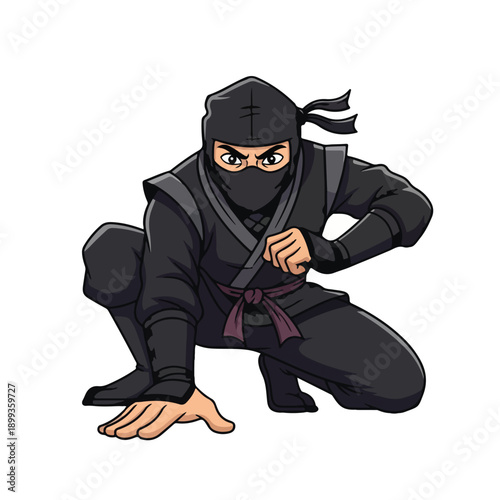 Cartoon ninja character in crouching position isolated on white background