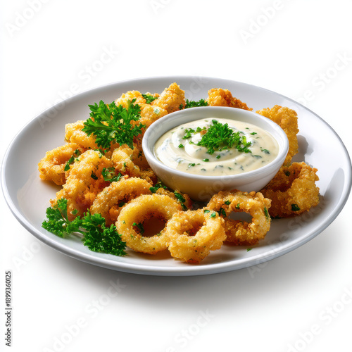 Golden fried calamari rings with dipping sauce isolated on transparent background