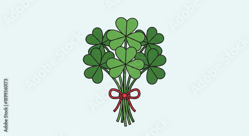 Bunch of green four leaf clovers tied with red ribbon on light blue background symbolizing luck and good fortune