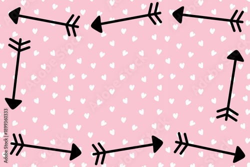 Cute frame with hearts and arrows. Romantic concept for Valentines Day. Flat vector design. Black and pink color.