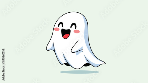 Happy white cartoon ghost with a big joyful smile and rosy cheeks floating in midair against a soft light green background.