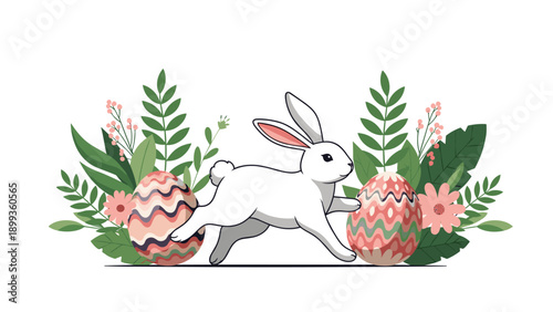 Whimsical easter illustration showing a white rabbit hopping between two large patterned eggs surrounded by green leaves.