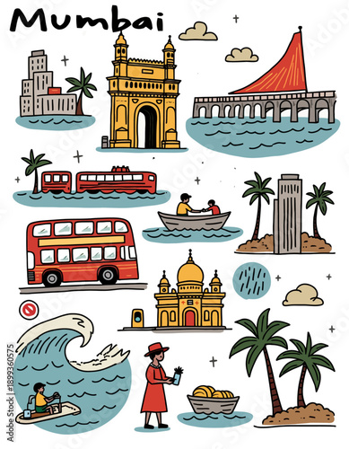 Mumbai City Travel Doodle Illustration with Landmarks, Street Culture and Urban Icons