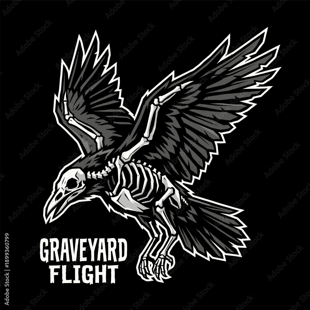 Obraz premium Flying Skeleton Raven Bird Over Graveyard Gothic Design