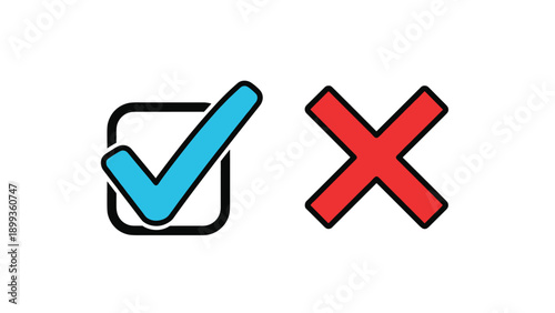 Blue check mark in a black checkbox and a red cross mark represent choice voting approval and rejection on white background.
