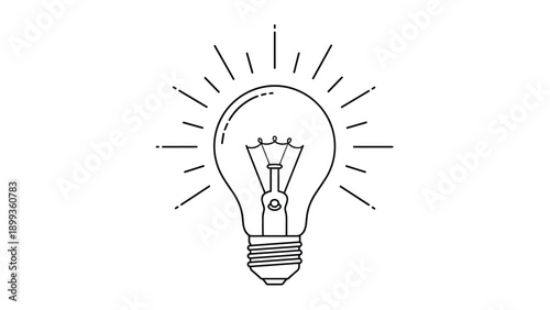 Minimalist black line drawing of a light bulb glowing with radiating lines symbolizes ideas creativity and innovation on white background.