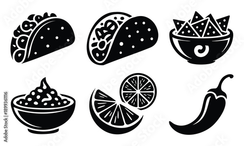 Mexican food vector icons set: tacos, nachos, guacamole, lime slices, chili pepper in black and white, isolated on white