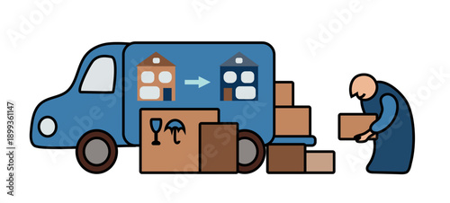 A blue moving truck with a picture of two houses connected by an arrow, surrounded by carton boxes, with a guy carrying a box to it. Vector drawing.