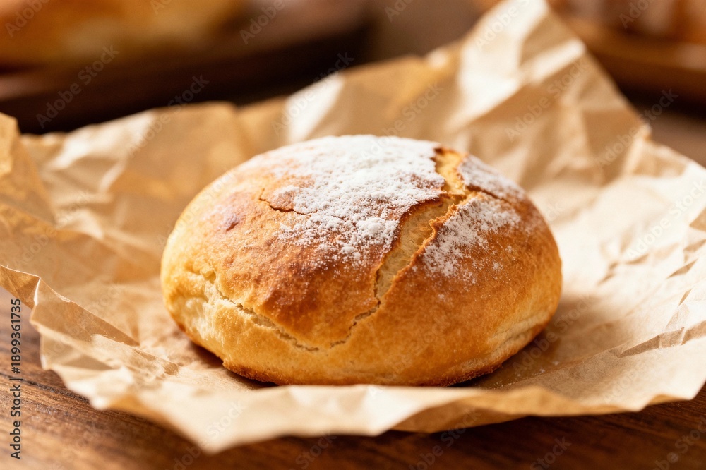 Fototapeta premium Fresh Rustic Bread Roll on Parchment Paper with Warm Bakery Light