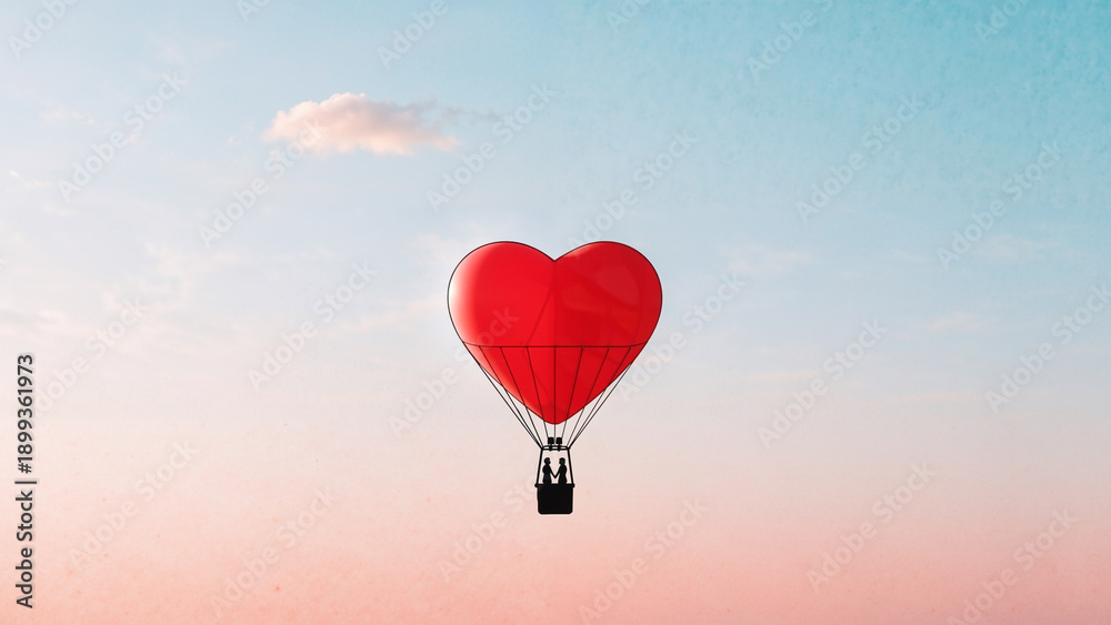Fototapeta premium Red heart hot air balloon flying in serene sky with a couple. Romantic journey and love adventure concept during a beautiful sunset.