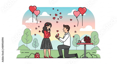 Man proposes to woman with engagement ring surrounded by hearts and balloons romantic outdoor scene for Valentines Day