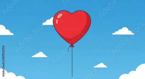 Red heart balloon floating in a clear blue sky with white clouds symbolizing love and freedom perfect for celebration or romance