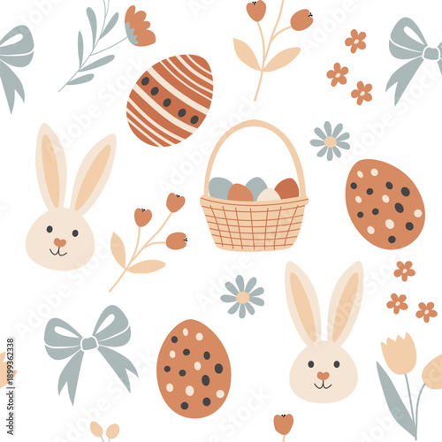 Seamless Cute Easter Pattern with Bunny Eggs Basket and Spring Elements