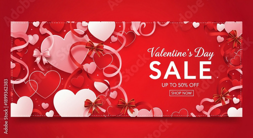 Valentines Day sale banner with red hearts ribbons and bows offering up to 50 off for retail promotions