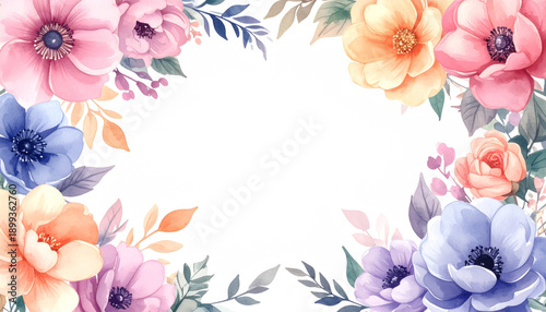 Elegant watercolor floral frame background with pink orange and purple flowers for wedding invitation and greeting cards