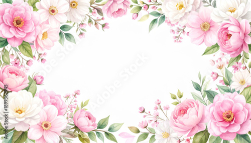 Elegant watercolor floral frame with pastel pink and white flowers isolated on white background