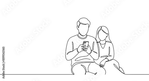 Line drawing of two people sitting together while using mobile devices on a transparent background