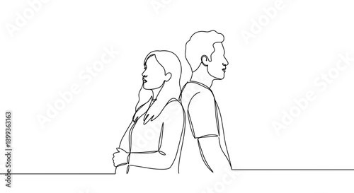 Line drawing of a couple sitting back to back, expressing feelings of disconnect, on a transparent background