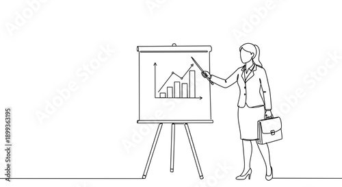 Line drawing of a businesswoman presenting a growth chart on an easel in a professional setting on a transparent background