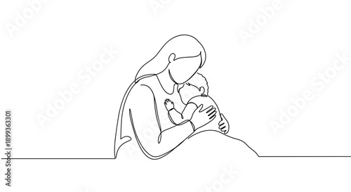 Line drawing of a mother holding her baby in a loving embrace isolated on a transparent background
