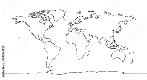Line drawing of a world map showcasing continents and oceans on a transparent background in a simple and creative design for educational purposes.