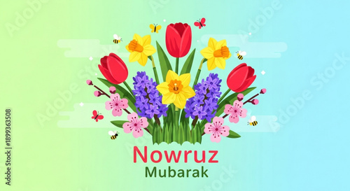 Vibrant nowruz mubarak floral bouquet with tulips daffodils and lavender on a colorful gradient background
