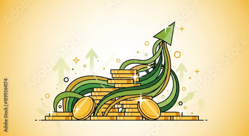 Green arrow ascends stacked gold coins with rising graph lines symbolizing financial growth and success