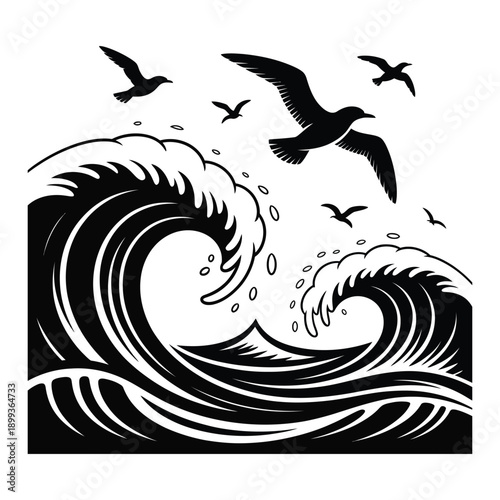 Ocean waves with flying seagulls silhouette vector illustration, dynamic sea scene with splashing water, birds soaring above, majestic marine landscape, powerful nature graphic with sea foam