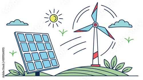 Solar Panel and Wind Turbine Renewable Energy Flat Vector