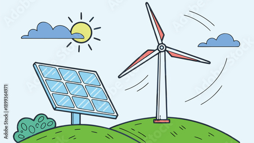 Solar Panel and Wind Turbine Renewable Energy Flat Vector