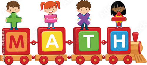 Cute kids holding math symbols on colorful train blocks spelling MATH, fun educational cartoon illustration for children learning arithmetic and basic mathematics concepts.