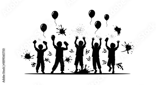 Silhouettes of happy children celebrating with balloons and paint splatters, joyful youth illustration.